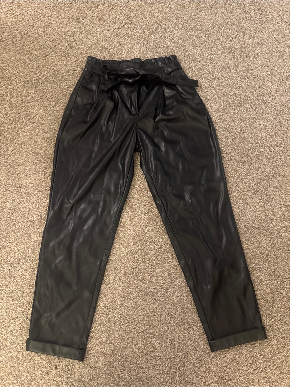 Faux Leather Paperbag Waist Pants - Black